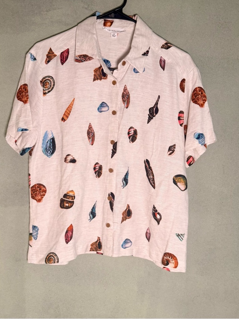 Shell Print Short Sleeve Button-Up Shirt -Rayon/Linen Coastal Beach Boho